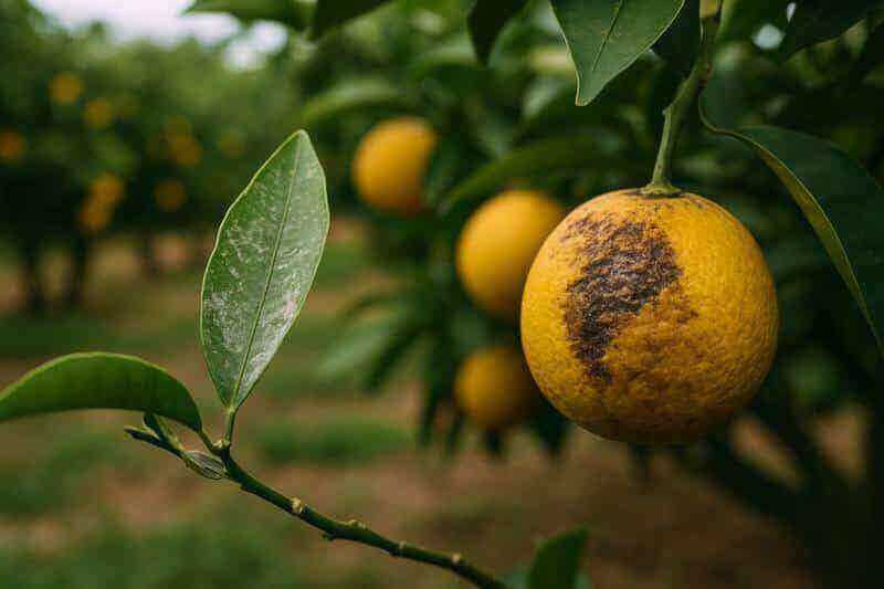 foto di frutteto di agrumi colpito dai tripidi degli agrumi