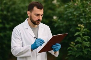 foto di un agronomo che sceglie trattamento afidi