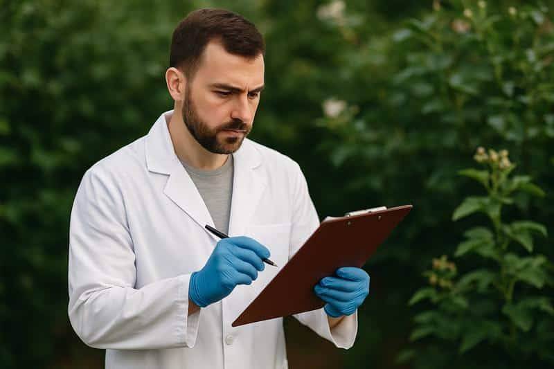 foto di un agronomo che sceglie trattamento afidi