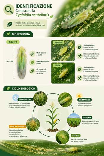 Infografica su identificazione e ciclo Zyginidia scutellaris