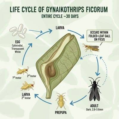infografica sul ciclo biologico del Gynaikothrips ficorum
