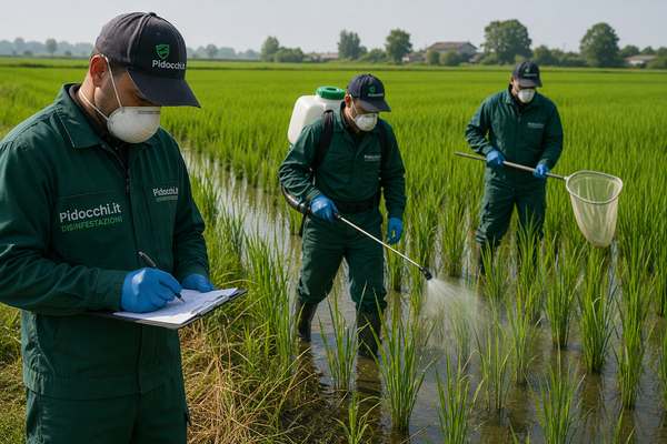 Operatori in risaia durante trattamento fitosanitario